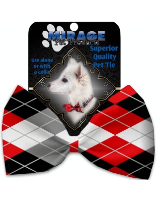 Red and Grey Argyle Pet Bow Tie Collar Accessory with Velcro