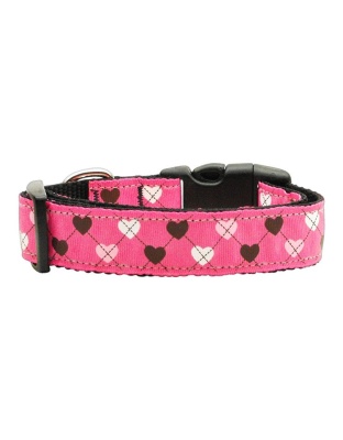 Argyle Hearts Nylon Ribbon Collar Bright Pink Large