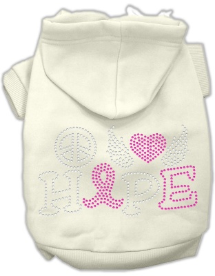 Peace Love Hope Breast Cancer Rhinestone Pet Hoodie Cream Lg