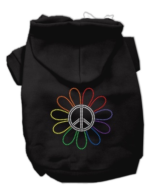 Rhinestone Rainbow Flower Peace Sign Hoodie Black L