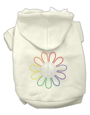 Rhinestone Rainbow Flower Peace Sign Hoodie Cream L