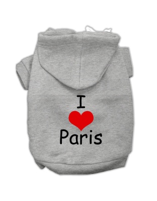 I Love Paris Screen Print Pet Hoodies Grey Size Lg