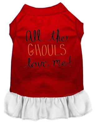All the Ghouls Screen Print Dog Dress Red with White Lg