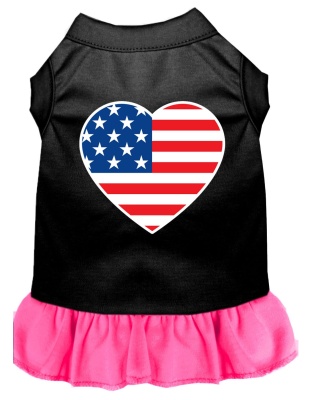 American Flag Heart Screen Print Dress Black with Bright Pink Lg
