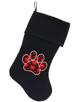 Argyle Paw Red Screen Print 18 inch Velvet Christmas Stocking Black