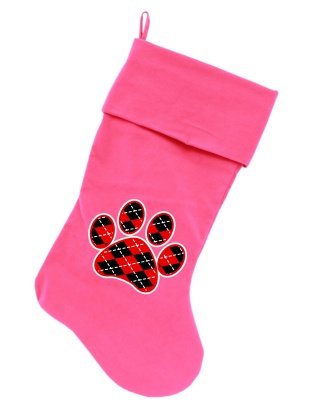 Argyle Paw Red Screen Print 18 inch Velvet Christmas Stocking Pink