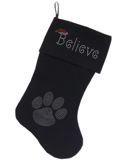 Believe Rhinestone 18 inch Velvet Christmas Stocking Black