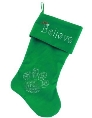 Believe Rhinestone 18 inch Velvet Christmas Stocking Green