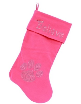 Believe Rhinestone 18 inch Velvet Christmas Stocking Pink