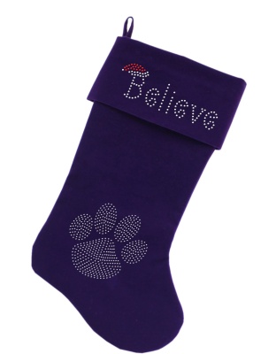 Believe Rhinestone 18 inch Velvet Christmas Stocking Purple