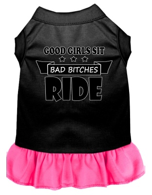 Bitches Ride Screen Print Dog Dress Black with Bright Pink Lg