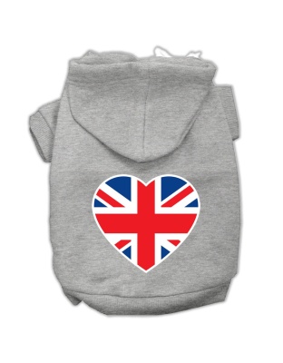 British Flag Heart Screen Print Pet Hoodies Grey Size Med