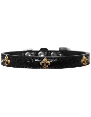 Bronze Fleur De Lis Widget Croc Dog Collar Black Size 10