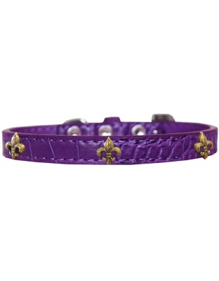 Bronze Fleur De Lis Widget Croc Dog Collar Purple Size 10