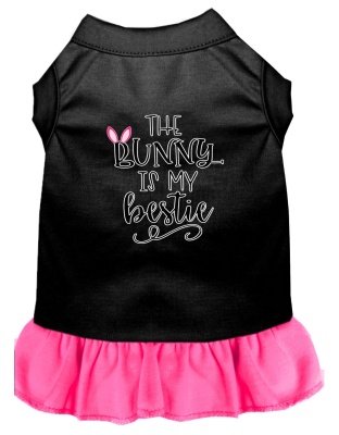 Bunny is my Bestie Screen Print Dog Dress Black with Bright Pink Lg