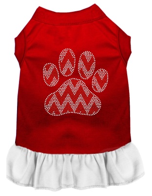 Candy Cane Chevron Paw Rhinestone Dog Dress Red with White Lg