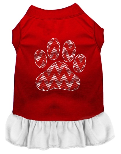Candy Cane Chevron Paw Rhinestone Dog Dress Red with White Lg
