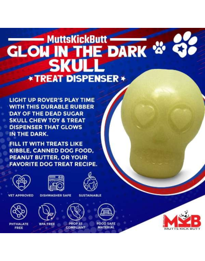 Translucent - MKB Glow in the Dark Sugar Skull Chew Toy & Treat Dispenser - Medium