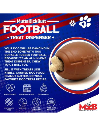 Brown - MKB Football Durable Rubber Chew Toy and Treat Dispenser - Large