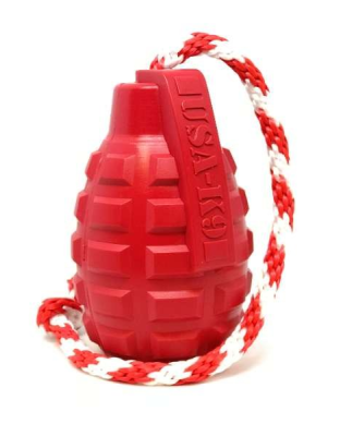 Red - USA-K9 Grenade Durable Rubber Chew Toy, Treat Dispenser, Reward Toy, Tug Toy, and Retrieving Toy - Large
