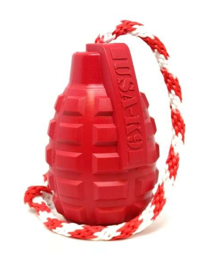 Red - USA-K9 Grenade Durable Rubber Chew Toy, Treat Dispenser, Reward Toy, Tug Toy, and Retrieving Toy - Large