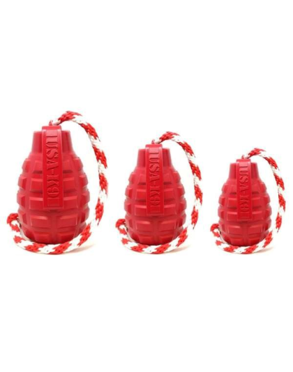 Red - USA-K9 Grenade Durable Rubber Chew Toy, Treat Dispenser, Reward Toy, Tug Toy, and Retrieving Toy - Large