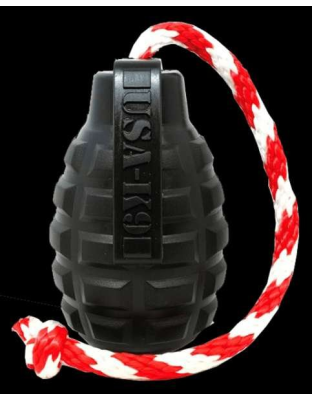 Black - USA-K9 Grenade Durable Rubber Chew Toy, Treat Dispenser, Reward Toy, Tug Toy, and Retrieving Toy - Large