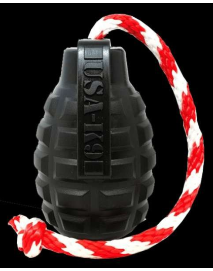 Black - USA-K9 Grenade Durable Rubber Chew Toy, Treat Dispenser, Reward Toy, Tug Toy, and Retrieving Toy - Large