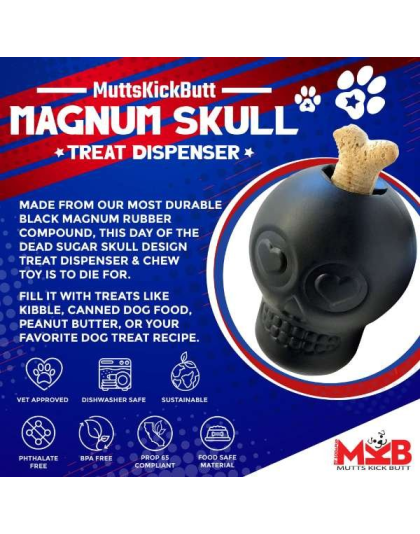 Black - MKB Sugar Skull Durable Rubber Chew Toy & Treat Dispenser  - Large