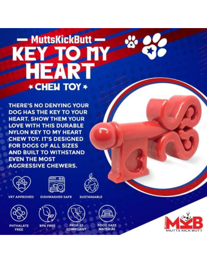 Red - MKB Key to My Heart Ultra Durable Nylon Dog Chew Toy for Aggressive Chewers - OSFA