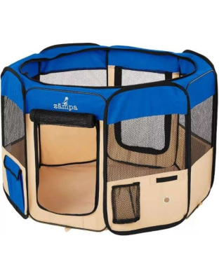 Blue - Zampa Portable Foldable Pet playpen Exercise Pen Kennel + Carrying Case - Extra Small (29"x29"x17")