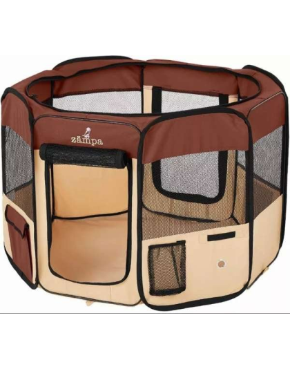 Brown - Zampa Portable Foldable Pet playpen Exercise Pen Kennel + Carrying Case - Extra Small (29"x29"x17")