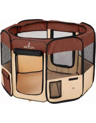 Brown - Zampa Portable Foldable Pet playpen Exercise Pen Kennel + Carrying Case - Small (36"x36"x24")