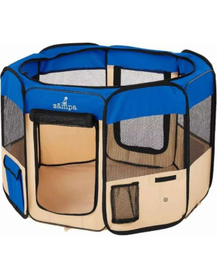 Blue - Zampa Portable Foldable Pet playpen Exercise Pen Kennel + Carrying Case - Large (61"x61"x30")
