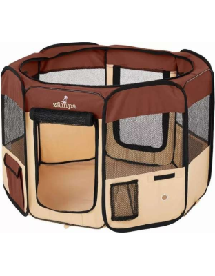 Brown - Zampa Portable Foldable Pet playpen Exercise Pen Kennel + Carrying Case - Large (61"x61"x30")