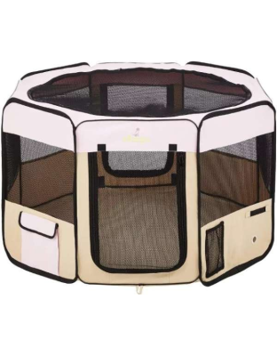 Pink - Zampa Portable Foldable Pet playpen Exercise Pen Kennel + Carrying Case - Medium (45"x45"x24")