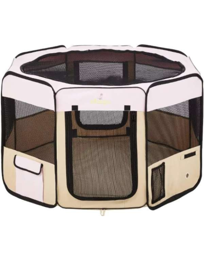 Pink - Zampa Portable Foldable Pet playpen Exercise Pen Kennel + Carrying Case - Medium (45"x45"x24")