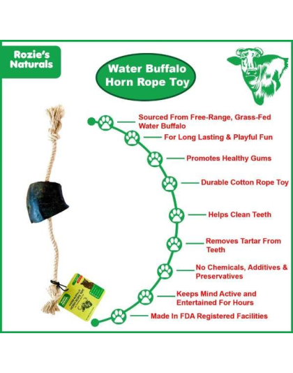 Black/White - WATER BUFFALO HORN ROPE TUG TOY-100% Cotton Rope 14", Long-Lasting, Natural Dog Treat & Chews, Dog Dental Chew Toy-2 COUNT-10 oz - Medium