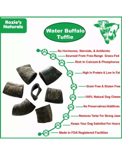 Black - WATER BUFFALO HORN TUFFIE- 100% Natural Dog Treat & Chews, Grain-Free, Gluten-Free, Dog Chewing Dental Toys, 2 COUNT, 7.5 oz - Medium