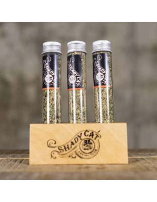 natural wood holder, clear glass tubes, silver metal tin - Shady Cat's Superb Sampler Set
