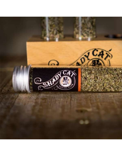 natural wood holder, clear glass tubes, silver metal tin - Shady Cat's Superb Sampler Set