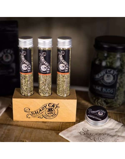natural wood holder, clear glass tubes, silver metal tin - Shady Cat's Superb Sampler Set