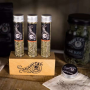 natural wood holder, clear glass tubes, silver metal tin - Shady Cat's Superb Sampler Set