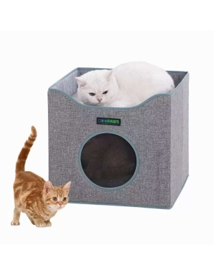Smoke Gray - JESPET Foldable Cat Condo, Cat Cube House & Sleepping Bed with Lying Surface and 2 Reversible Cushions, Cat Hiding Place, Cat Cave, Linenette Fabric, Felt and Engineered Wood, Scratch Resista - 15.4" x15.4" x15"