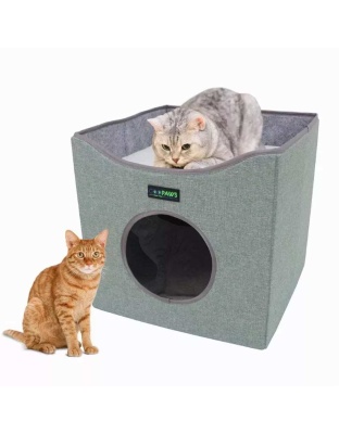 Sage Green - JESPET Foldable Cat Condo, Cat Cube House & Sleepping Bed with Lying Surface and 2 Reversible Cushions, Cat Hiding Place, Cat Cave, Linenette Fabric, Felt and Engineered Wood, Scratch Resista - 15.4" x15.4" x15"