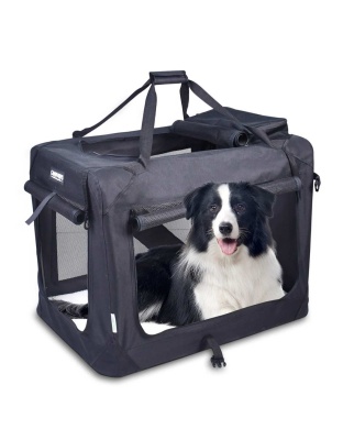 Black - JESPET Soft Pet Crates Kennel, 3 Door Soft Sided Folding Travel Pet Carrier with Straps and Fleece Mat for Dogs, Cats, Rabbits, Indoor/Outdoor Use with Grey, Blue & Beige, Black - 36"L x 24"W x 27"H