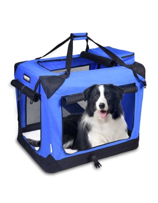 Blue - JESPET Soft Pet Crates Kennel, 3 Door Soft Sided Folding Travel Pet Carrier with Straps and Fleece Mat for Dogs, Cats, Rabbits, Indoor/Outdoor Use with Grey, Blue & Beige, Black - 30"L x 21"W x 23"H