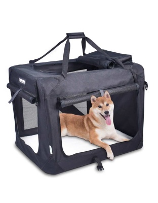Black - JESPET Soft Pet Crates Kennel, 3 Door Soft Sided Folding Travel Pet Carrier with Straps and Fleece Mat for Dogs, Cats, Rabbits, Indoor/Outdoor Use with Grey, Blue & Beige, Black - 30"L x 21"W x 23"H
