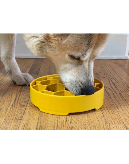 Yellow - Honeycomb Design eBowl Enrichment Slow Feeder Bowl for Dogs