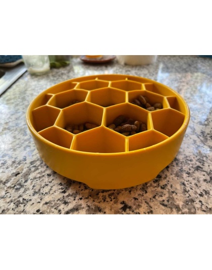 Yellow - Honeycomb Design eBowl Enrichment Slow Feeder Bowl for Dogs